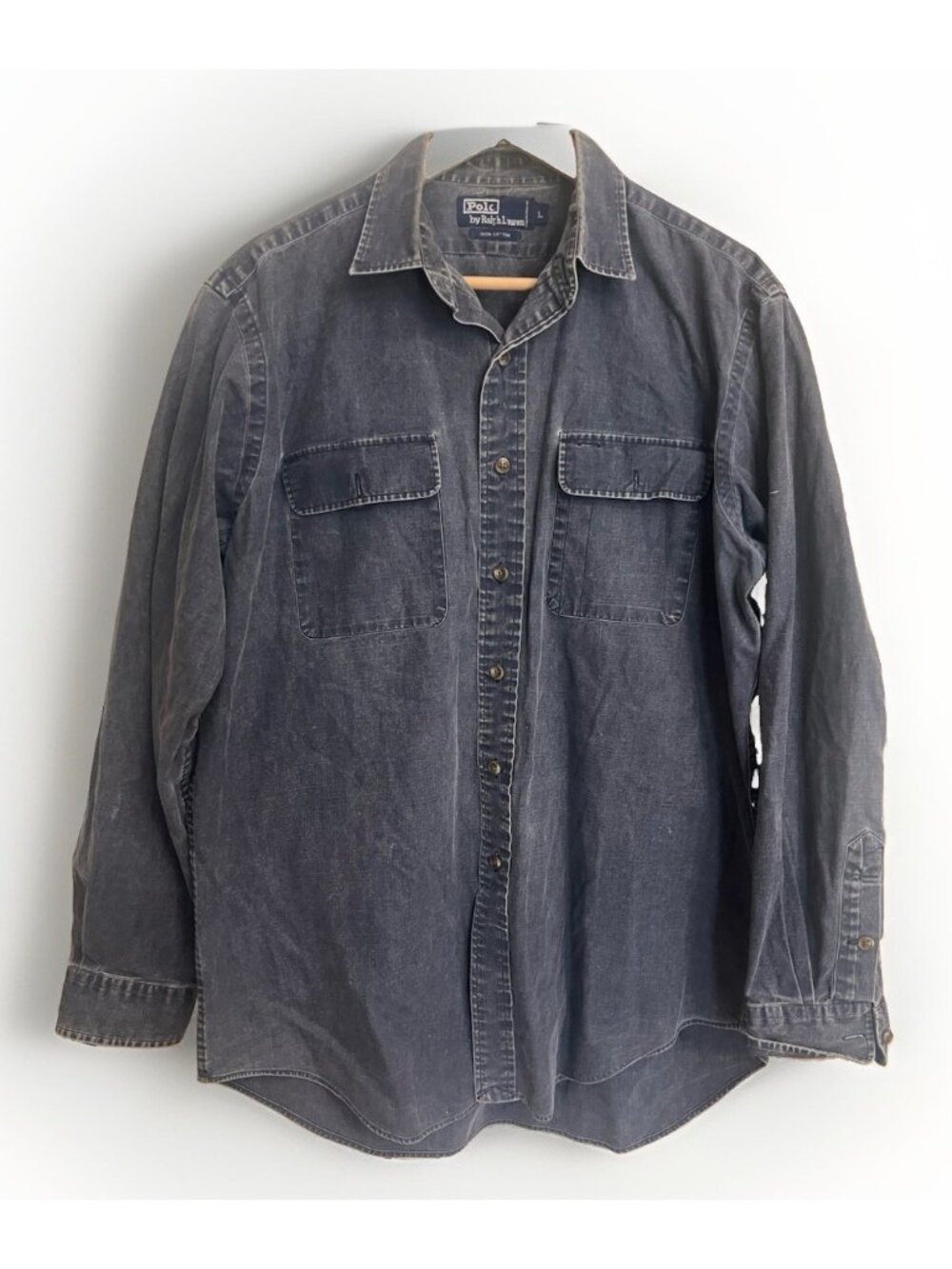 Vintage Polo Ralph Lauren Shirt Denim Button Down Men Large Blue Black Pocket. W